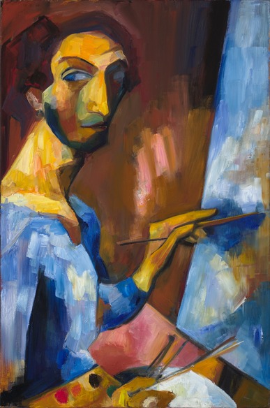 Painter with his easel, after Marc Chagall
