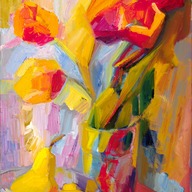 Tulips, an orange and two pears