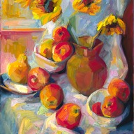 Sunflowers, apples and a pear